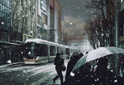 снег, Трамвай, зонты, люди