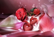 роза, два сердца, листья, сердечки, Happy valentines day, отлас
