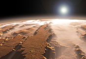 Марс, солнце, каньон, туман, планета