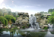 камни, водопад, сад, парк