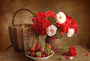 клубника, розы, цветы, Натюрморт, ваза