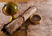 Компас, канат, рукопись, карта, глобус