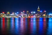 море, ночь, гавань виктория, Гонконг, огни, китай