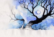 sulamith, deviantart, дерево, синий, луна, белый, Рисунок