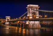 chain bridge, Будапешт, огни, залив, река, фонари, ночь, мост