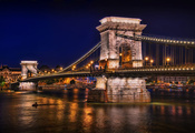 chain bridge, Будапешт, огни, залив, река, фонари, ночь, мост chain bridge, Будапешт, огни, залив, река, фонари, ночь, мост