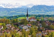 Gossau, церковь, switzerland, дома, здания, горы, швейцария