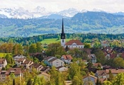 Gossau, церковь, switzerland, дома, здания, горы, швейцария Gossau, церковь, switzerland, дома, здания, горы, швейцария