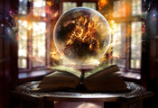 Книга, шар, искры, магия, сфера, свет, окна, огонь