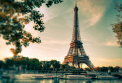 башня. закат, Париж, город. река, эйфелева