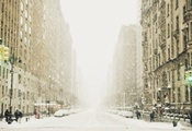 снег, Зима, мегаполис, улица, светофор, город