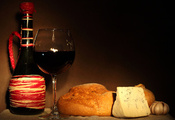 красное, хлеб, лук, чеснок, бокал, сыр, Бутылка, вино