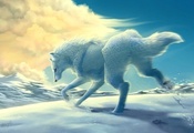 облака, волк, transparentghost, бег, белый, Арт, снег, зима, горы