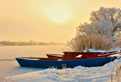 зима, снег, вечер, Лодки, река