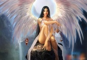 ангел, девушка, красивая, весы, сидит, камень, крылья