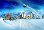 лыжники, птицы, кремль, зима, Снег, пизанская башня