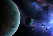корабль, Regulus36, космос, туманность, планеты, кольца