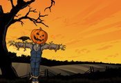 scarecrow, crow, fright, tree, creepy, field, horror, Halloween, pumpkin, х ...