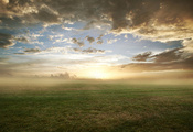 поле, утро, туман, Природа, газон, облака, трава