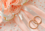 обручальные кольца, бант, цветы, Свадьба, макро