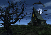 Halloween, creepy tree, bats, full moon, , haunted house, scary, страшно, х ...