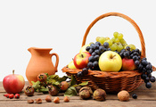 виноград, кувшин, фрукты, орехи, Корзина, яблоки