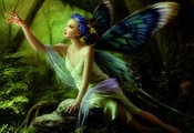 Девушка, бабочки, рука, камень, фея, лес, крылья, сидя