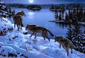 арт, Jerry gadamus, зима, волки, деревья, озеро, снег
