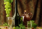листья, стакан, рюмка, виноград, бутылка, водка, Вино