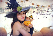 тыква, кот, костюм, хэллоуин, азиатка, Девушка, шляпа