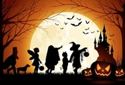 Halloween, castle, pumpkin, moon, trees, bats, men and dog