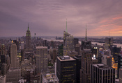 город, река, New york city, нью-йорк, сумерки, небоскребы