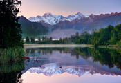 горы, утки, небо, озеро, отражения, Новая зеландия, лес