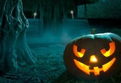 сумрак, дерево, крыльцо, Halloween, тыква, свечи, хэллоуин