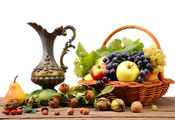 груша, корзина, Кувшин, фрукты, виноград, яблоки