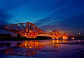 вечер, мост, закат, шотландия, отражение, огни, Город