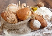 bread, round, baguette, bag, flour, butter