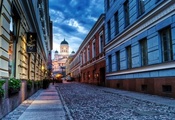 City, Helsinki, Finland, Cathedral, Sunset, Street, Road, Coblestone