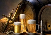 beer, barrel, glasses, foam, drink, twilight