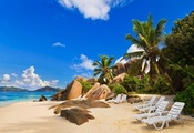 Seychelles, Island, Indian Ocean, Beach, Rocks, Palms, Sea, Sky, Deck Chair ...