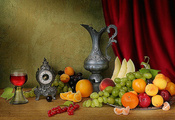 art photo, composition, still life, table, fruits, iron cup, clock