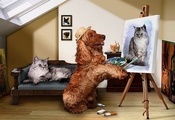 art photo, composition, Dog, Painter, Cat