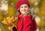 Autumn, Leaves, Kid, Girl, Red, Sweater, Wool Hat