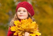 Autumn, Leaves, Kid, Girl, Red, Sweater, Wool Hat