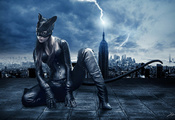 ночь, уши, женщина-кошка, catwoman, Девушка, костюм, город