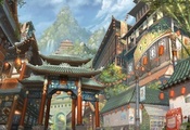 фонари, гора, город, азия, водопады, Арт, здания, chaoyuanxu