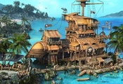 ship, sea, rendering, boats, the caribbean, Pirates, пиратская таверна