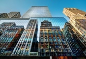 New york city, фонарь, здания, отражение, небоскрёбы, нью-йорк