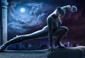 Catwoman, кошка, ночь, луна, город, жещина, супергерой