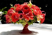 красный, ваза, Цветы, георгины, розы, букет, глориоза